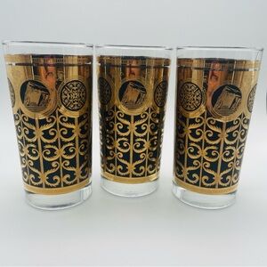 Set of 3 Libbey Prudential Rock of Gibraltar Black Gold MCM
Highball Glasses VTG
